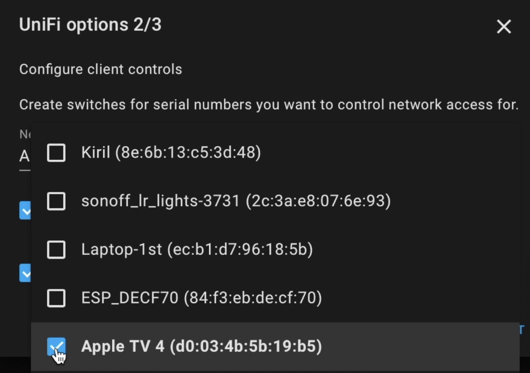Create switches for devices you want to control network access for.