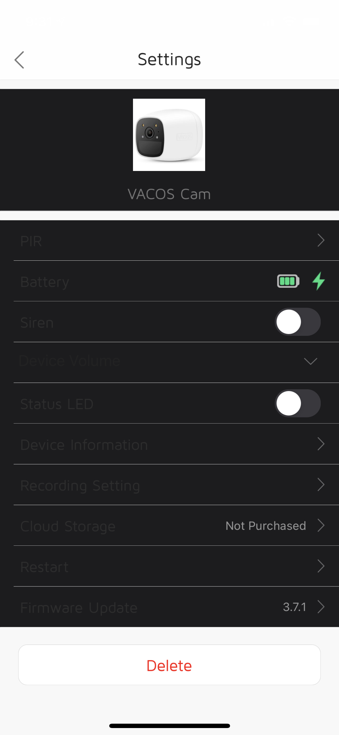 Vacos Cam settings can be controlled from here