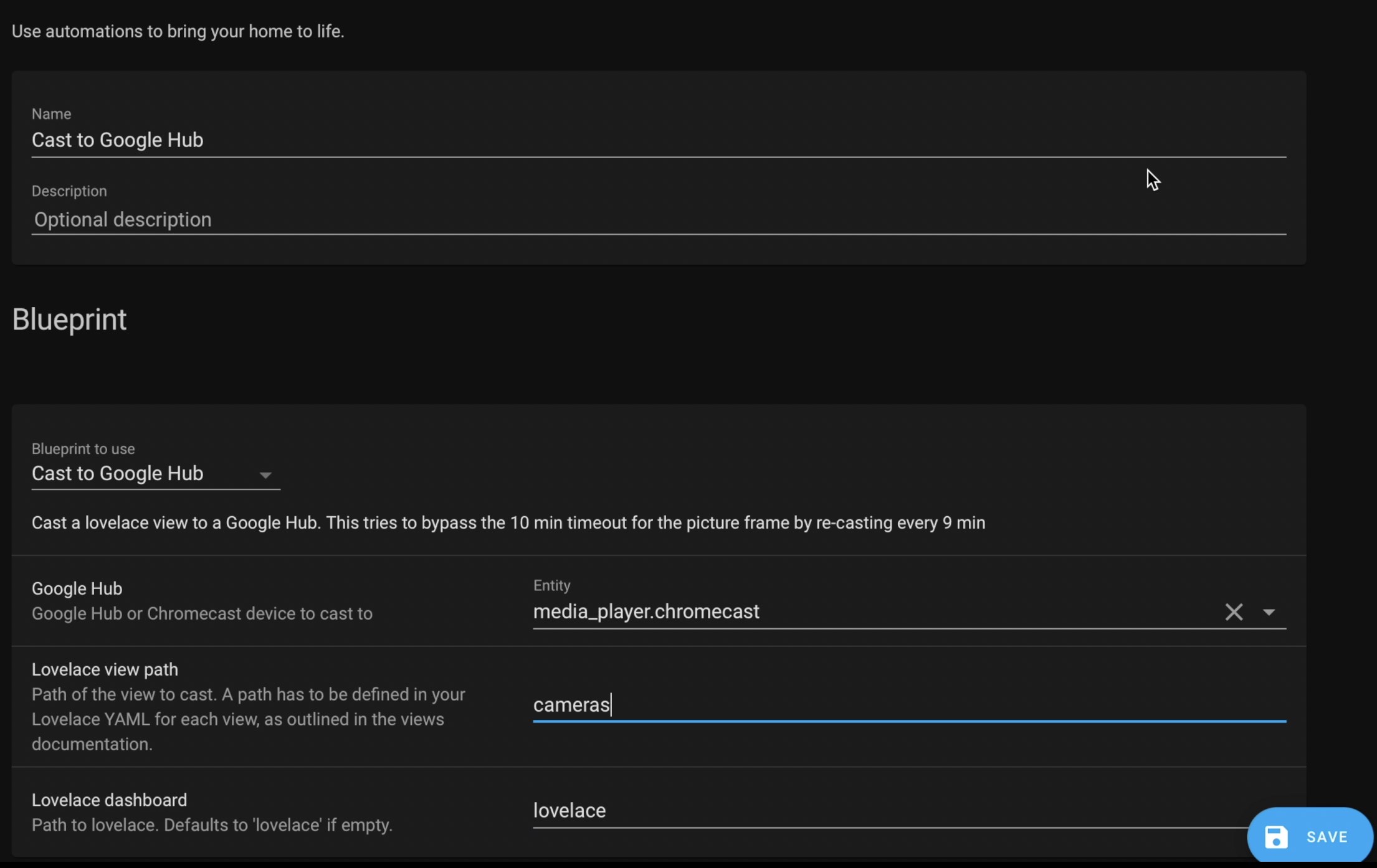 Creating an automation from a Blueprint that will cast Home Assistant view every 9 minutes.