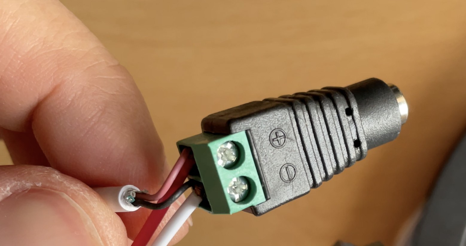 Female DC connector with the power and ground wires inserted correctly