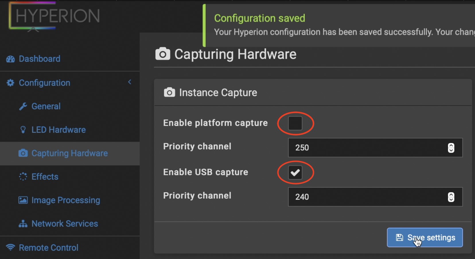 Deselect Enable platform capture if it is enabled and select enable USB Capture option in Hyperion settings. That way you will allow the HDMI capture card with LOOP to work at it's best for our TV ambient lighting on raspberry pi