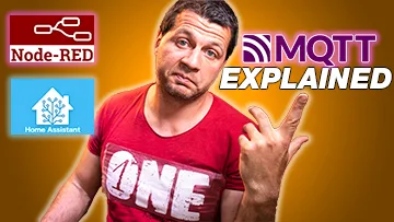 Kiril Peyanski pointing at mqtt explained label and node-red and home assistant logos