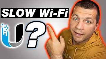 Kiril Peyanski pointing at Slow Wi-Fi label and question mark with Ubiquiti logo