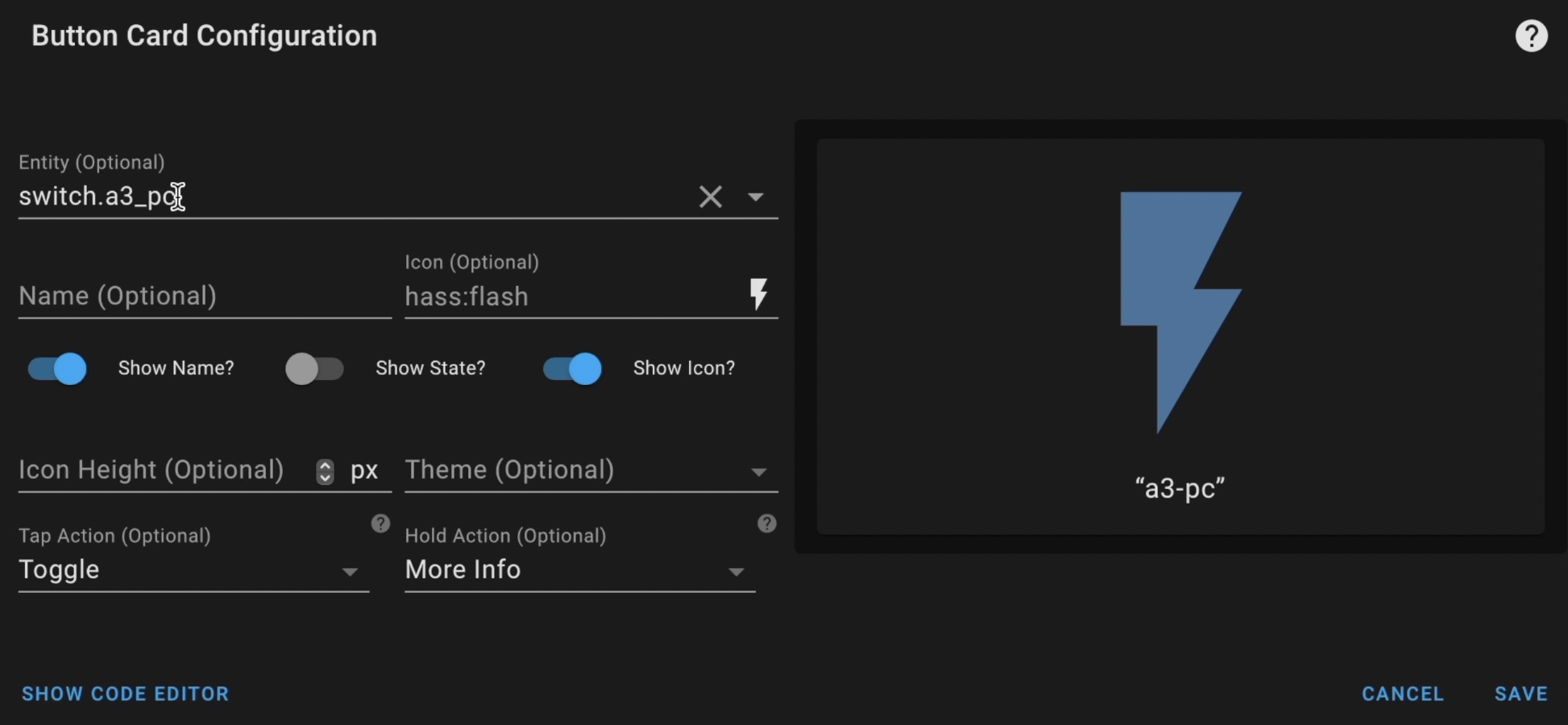 Adding the Home Assistant WoL Switch as button card