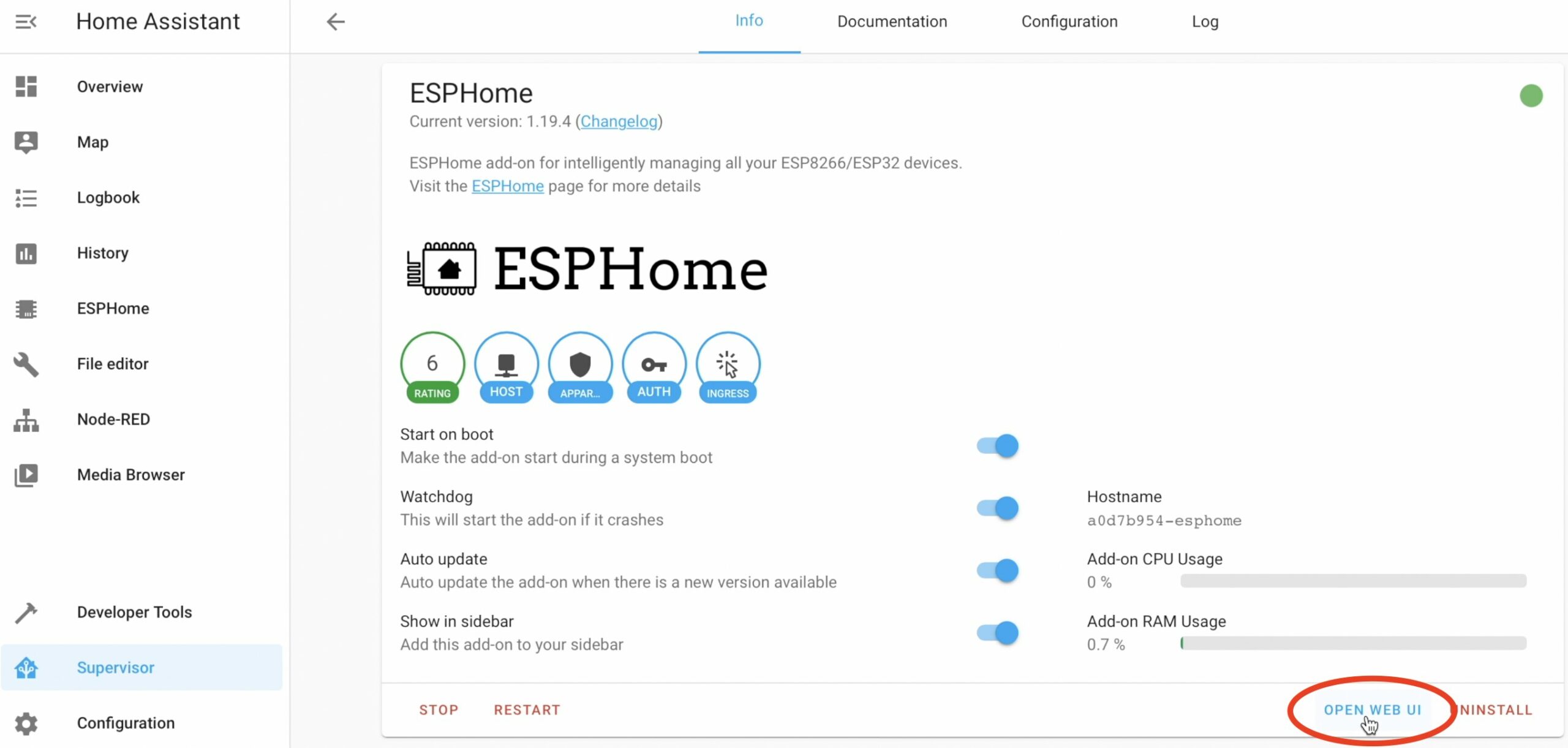 Starting ESPHome add-on in Home Assistant in order to install ESPHome firmware on the D1 Mini later and to make our DIY Motion Sensor accessible.