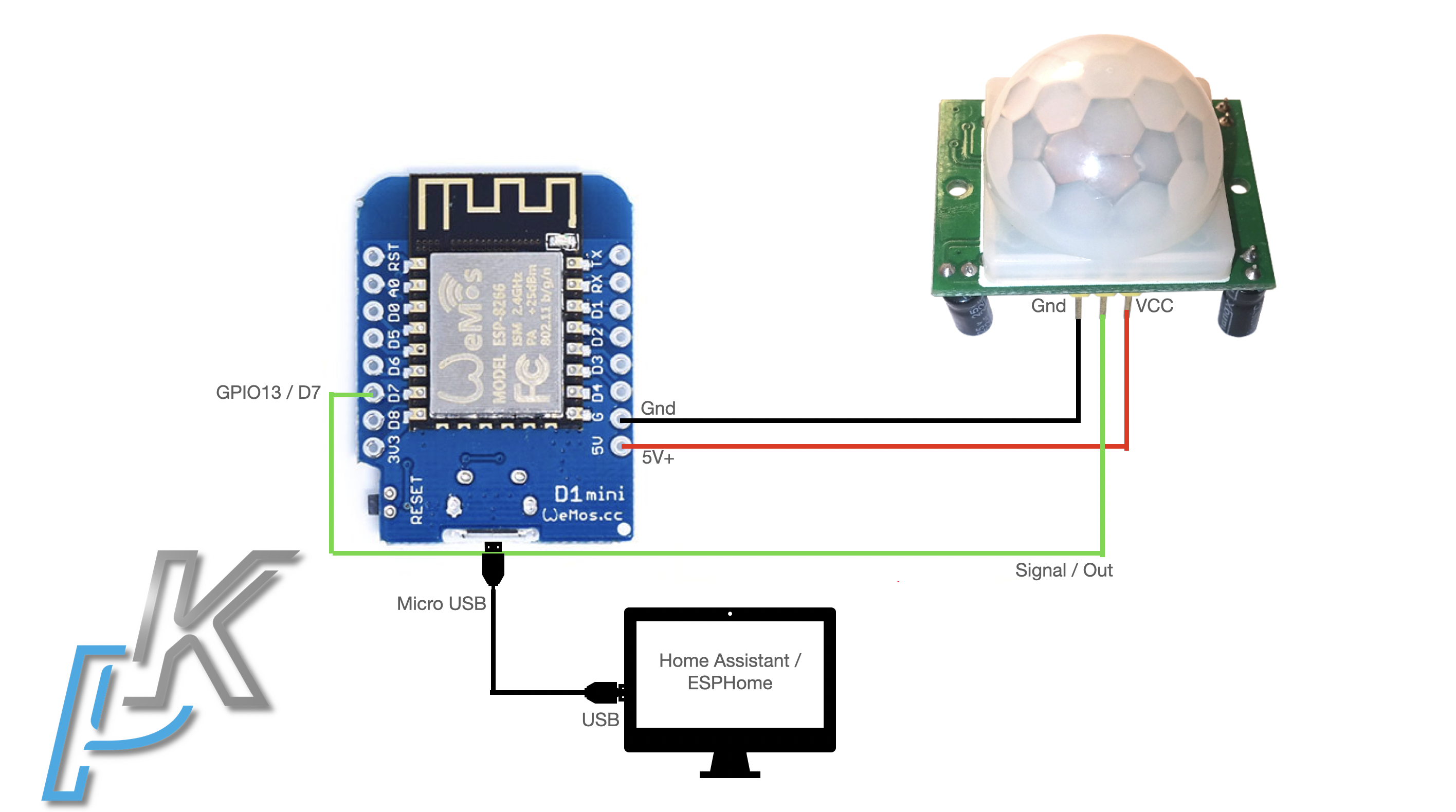 Connecting D1 Mini and PIR sensor to make the DIY Motion Sensor. The USB connection to Home Assistant / ESPHome is only needed for installing the ESPHome as you will see later in the article. 