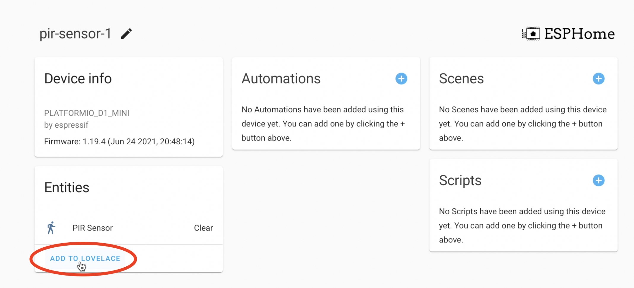 Final step before adding the DIY Motion Sensor to Home Assistant Lovelace