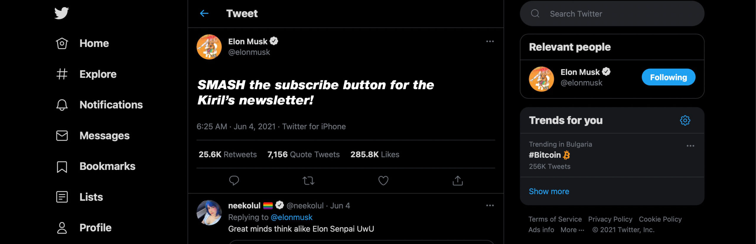Latest breaking tweet from Elon Musk about subscribing about my newsletter!