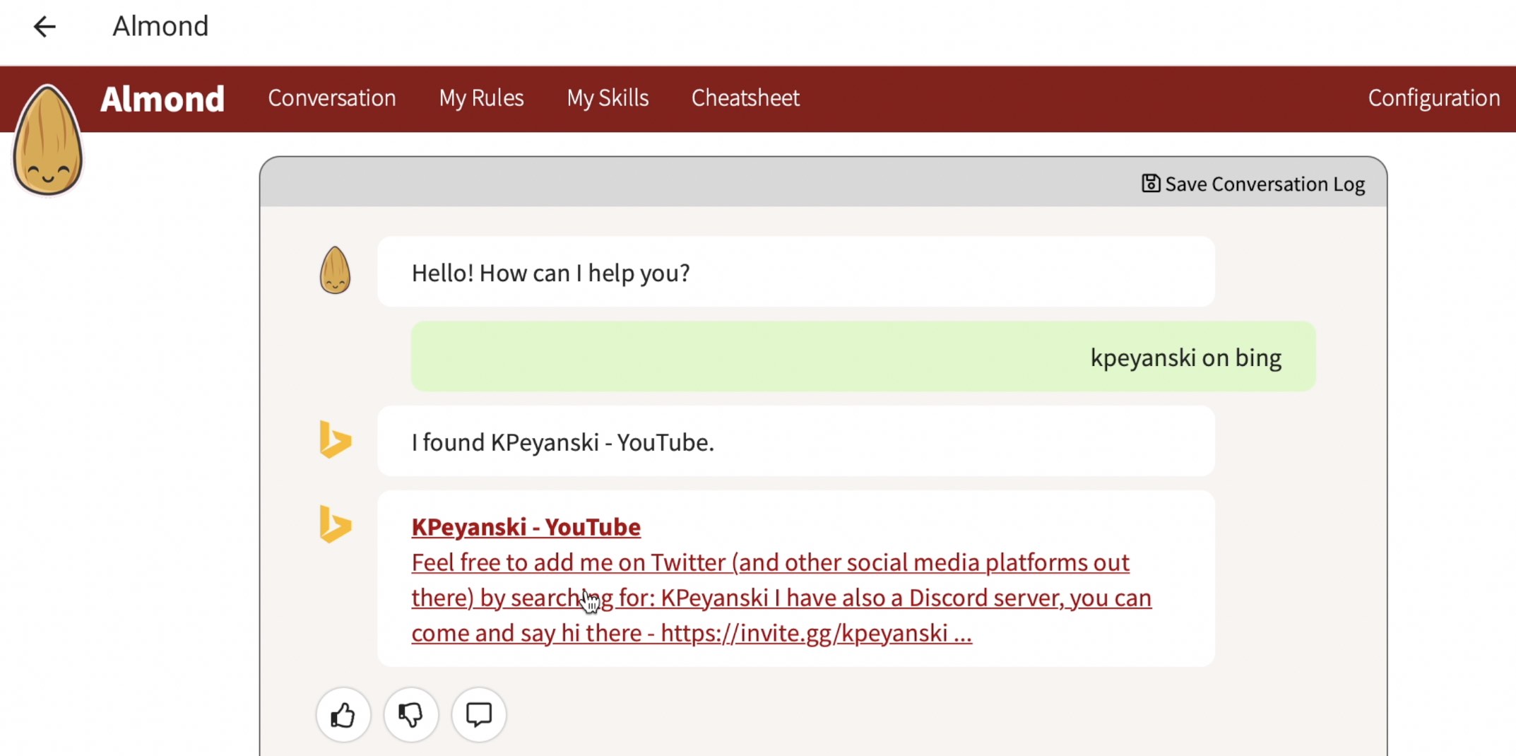 Conversation with Almond search using Bing