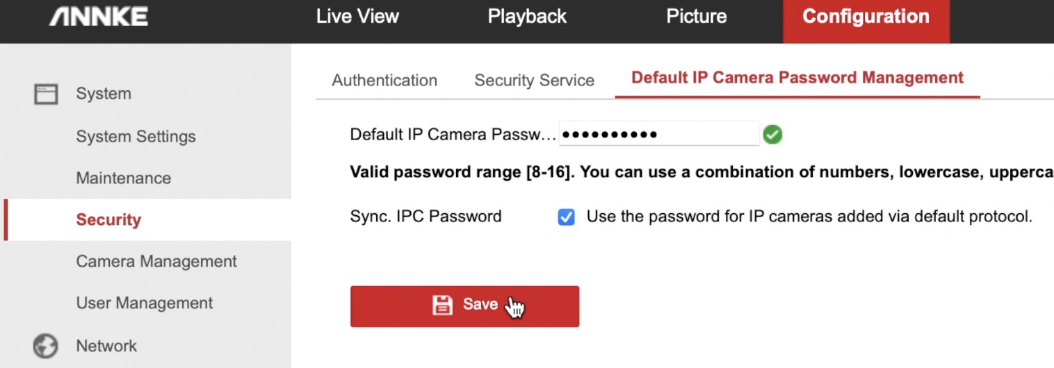 Configure the Default Password to enable the RTSP of the cameras in the ANNKE NVR