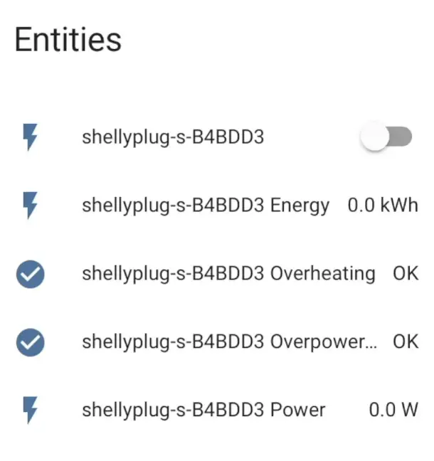 Available entities for Shelly Plug S when you add the device to Home Assistant.