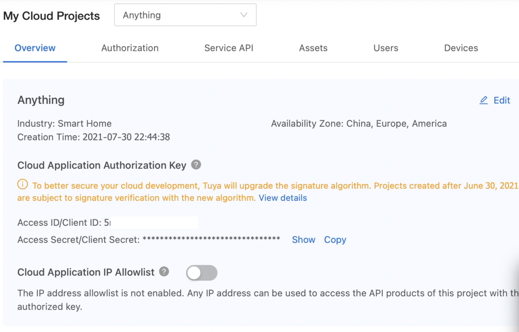 Authorisation Key that consist of Access ID & Access Secret