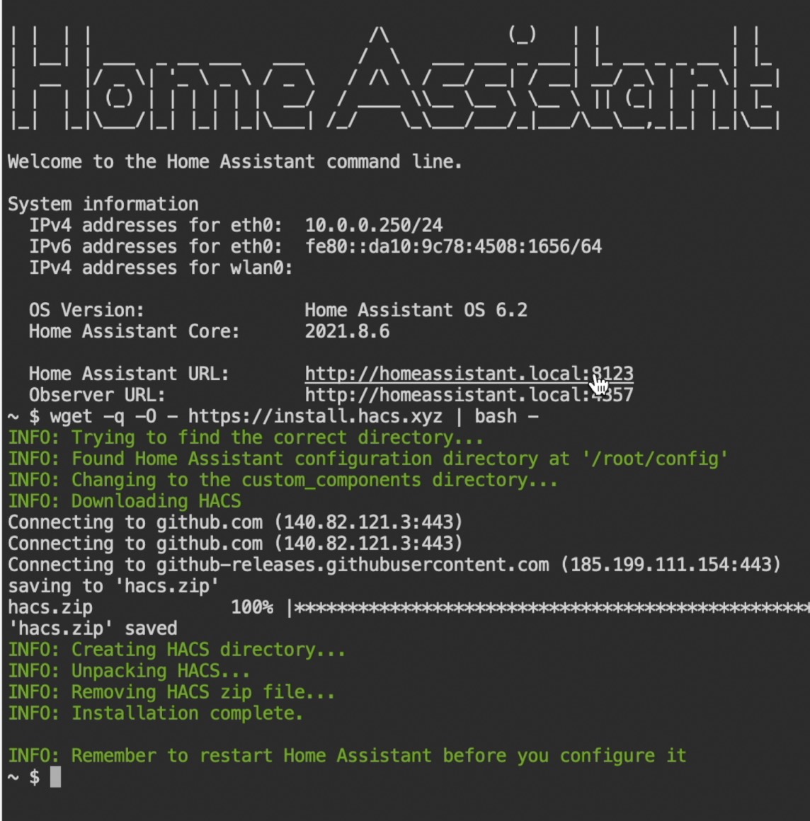 Successful installation of HACS in Home Assistant OS or Supervised using the SSH console.