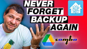 Kiril Peyanski with never forget backup again label and Home Assistant logo as well as Google Drive and Samba logos