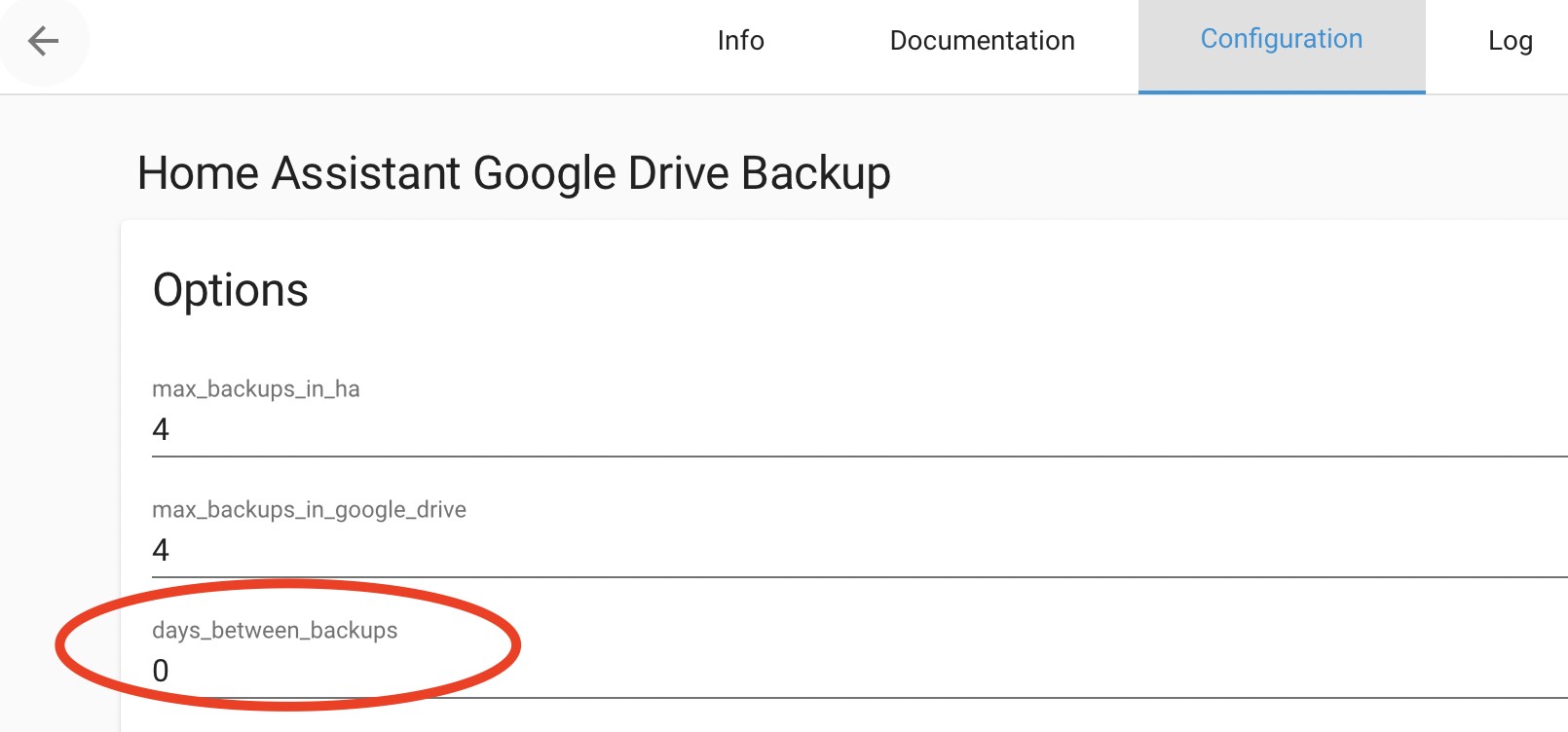 Home Assistant Google Drive Backup Days between backups setting.