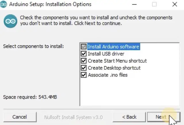 Select all components to install during Arduino IDE installation