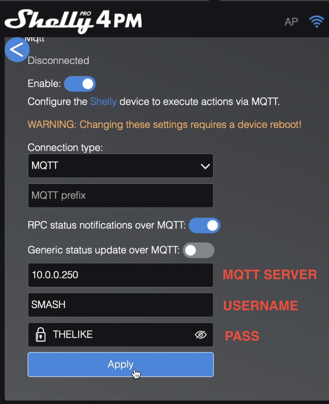 Entering MQTT credentials in Shelly Web Interface