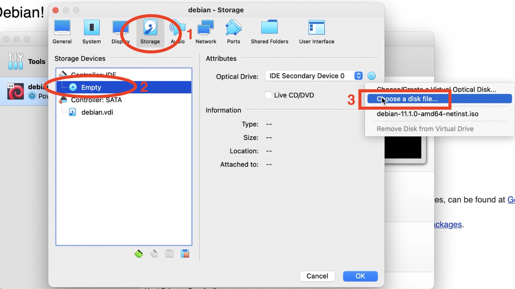 Select Debian Linux Image as optical drive