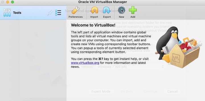 VirtualBox main screen. Remember, using virtual box is only one of the ways to get Debian Linux up & running