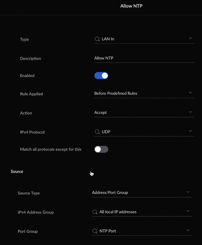 I allowed NTP port for all of my devices in all of my networks with this rule.