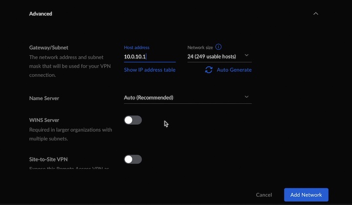 Changing the Subnet in the Advanced VPN settings of the UniFi