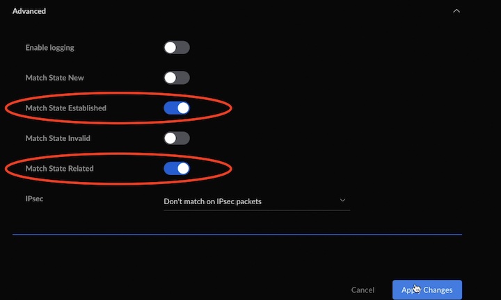 Enabling Match State Established and Match State Related Options