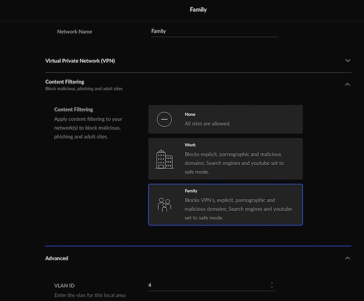 Family Network with Content Filtering enabled