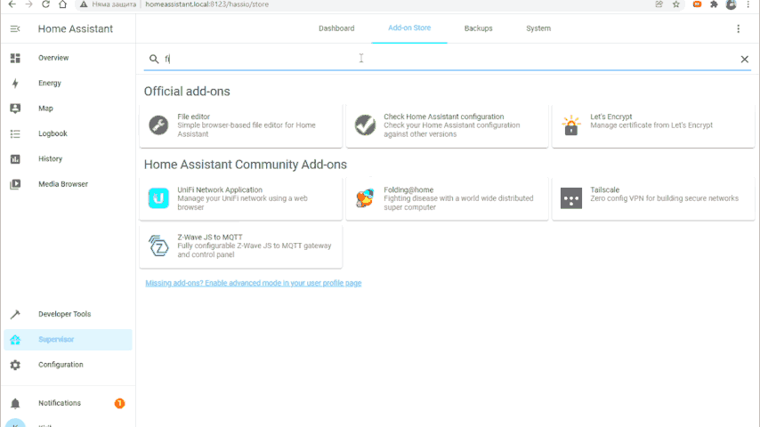 Installation of File Editor add-on in Home Assistant from Add-on store