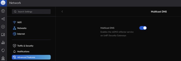 Multicast DNS mDNS option enabled in UniFi Dream Machine