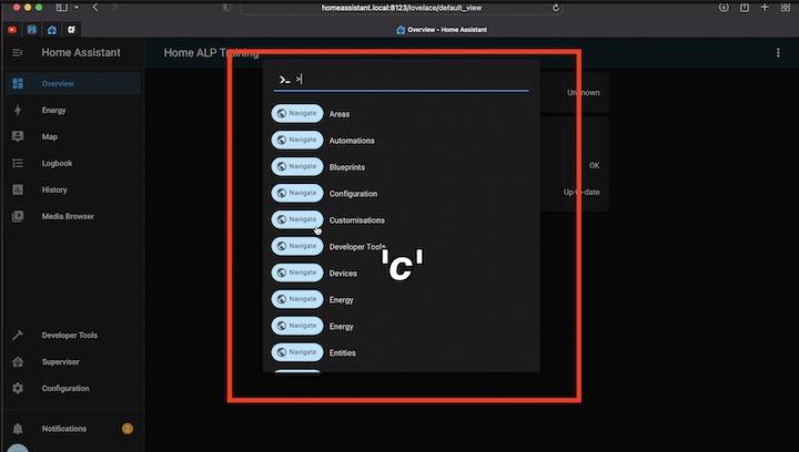 Shortcut "c" is showing the commands in Home Assistant