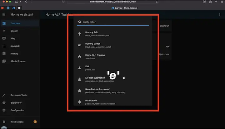 Shortcut "e" is showing the entities in Home Assistant