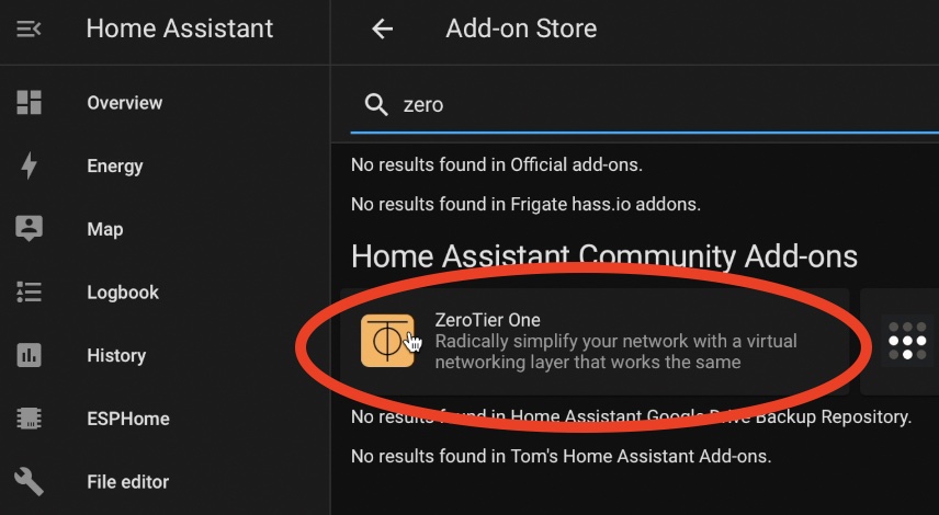 Search for ZeroTier in Home Assistat Add-on store