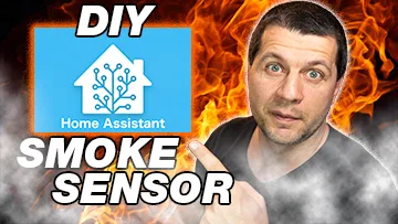 DIY Smoke Sensor, Home Assistant logo and Kiril Peyanski pointing at them with background of fire and a lot of smoke
