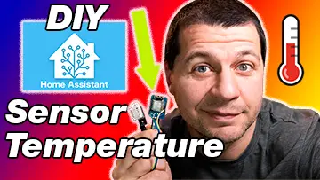 Kiril Peyanski holding d1 mini device and dht22 sensor with DIY sensor temperature label and home assistant logo and yellow arrow and half filled thermometer