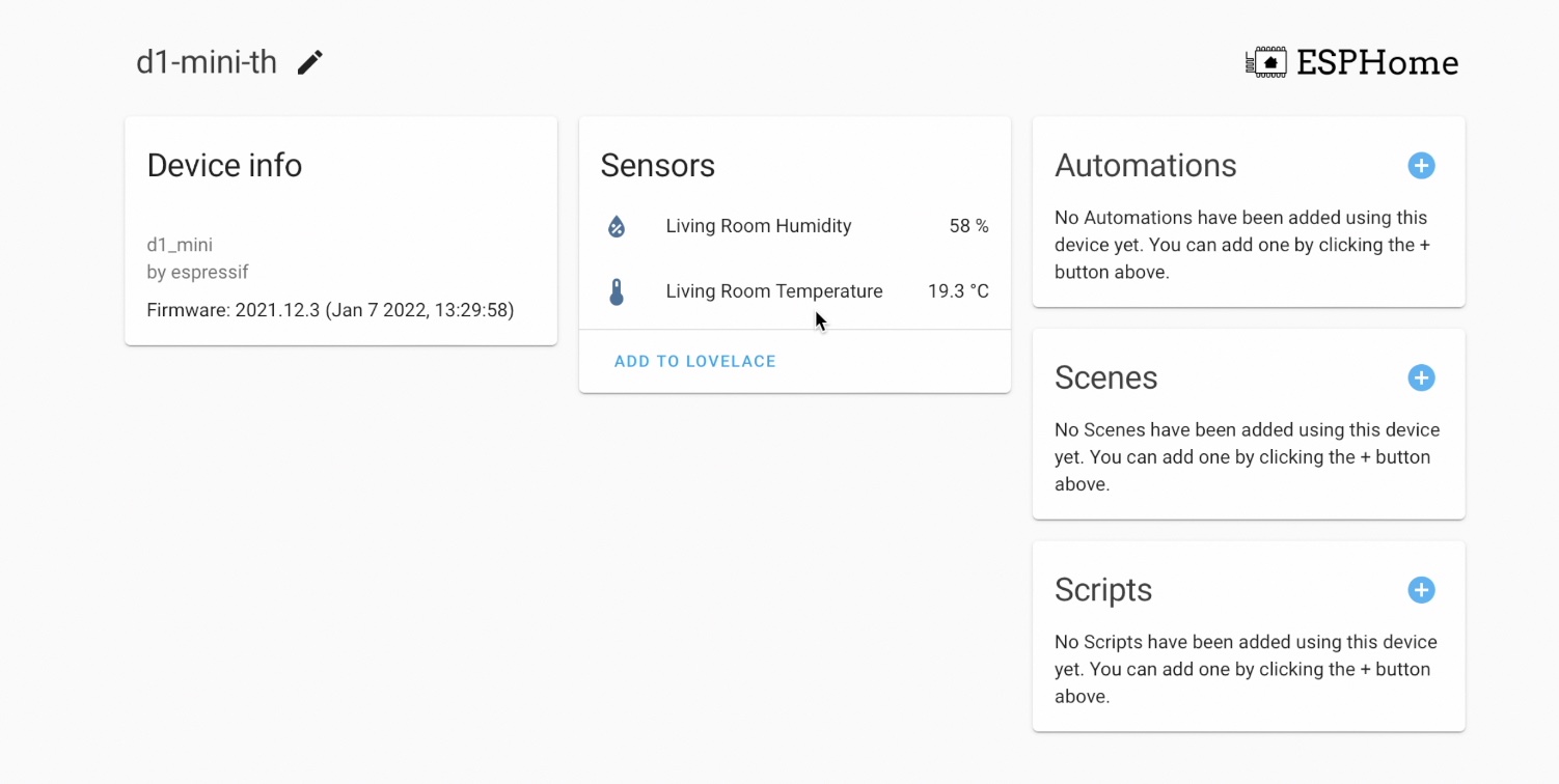 ESPHome D1 mini Device Info
