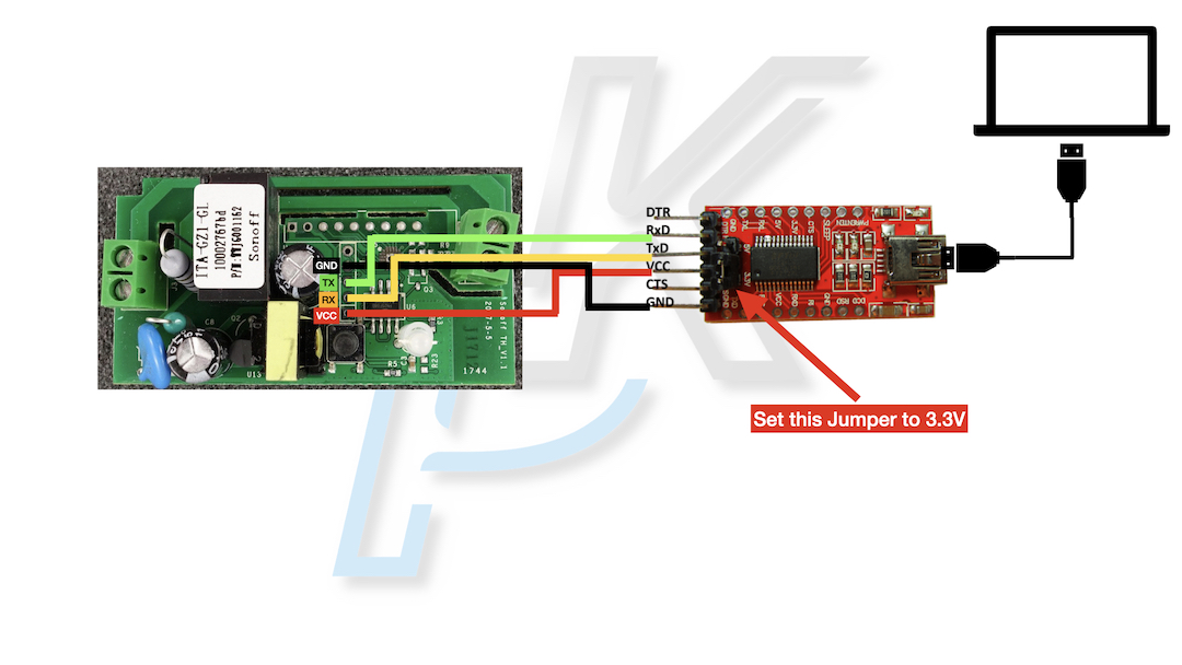 How to connect the Serial-To-USB adapter to an ESP device (in this example Sonoff Basic) and a computer so you can install Tasmota?