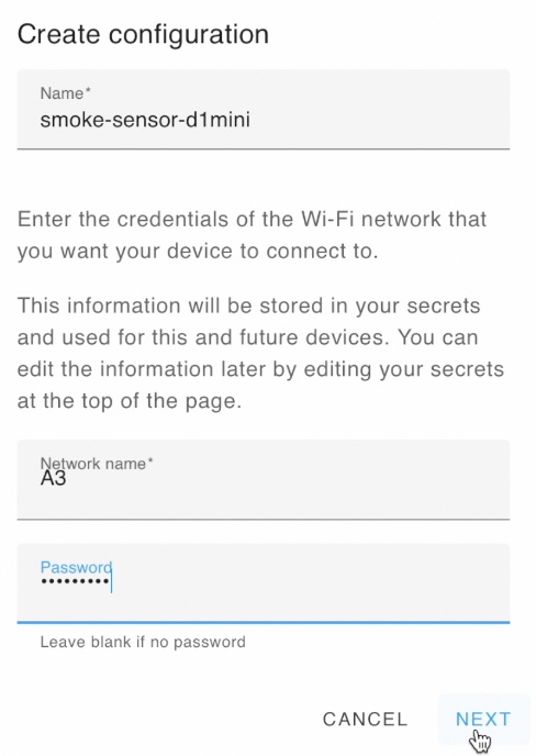 Name your ESPHome device and enter your WiFi credentials on this dialog