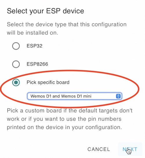 Pick a specific board to choose more generic ESP32 or ESP8266 options