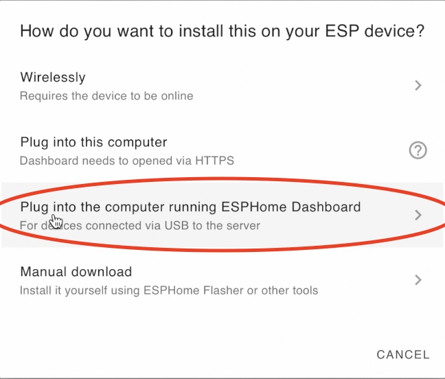 Plug into the computer running ESPHome dashboard