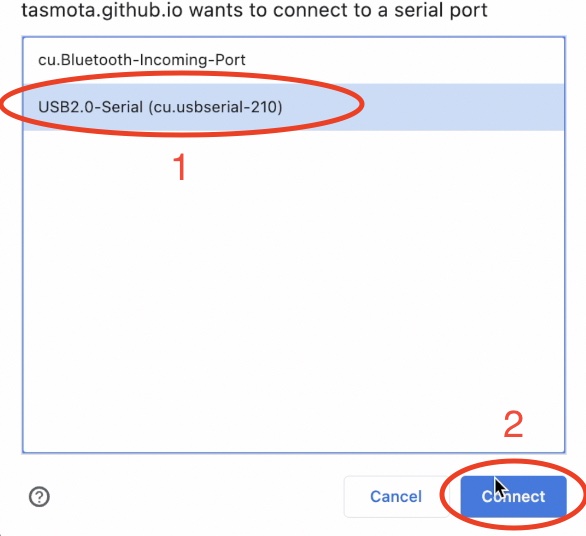 This is how selecting USB port dialog is looking on macOS. On Windows & Linux is not much different.