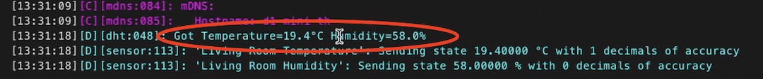 Temperature and Humidity readings after successfull installation of ESPHome on D1 mini and DHT22