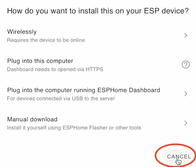 cancel the initial installation urge of the ESPHome