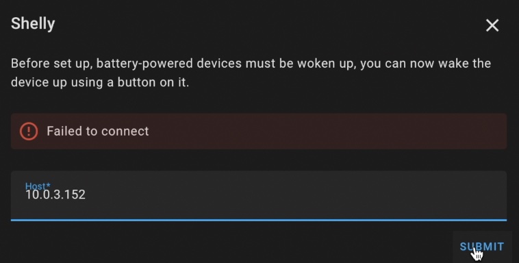 Enter the IP of the Shelly device and click Submit.