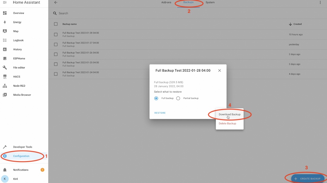Home Assistant create and download backups
