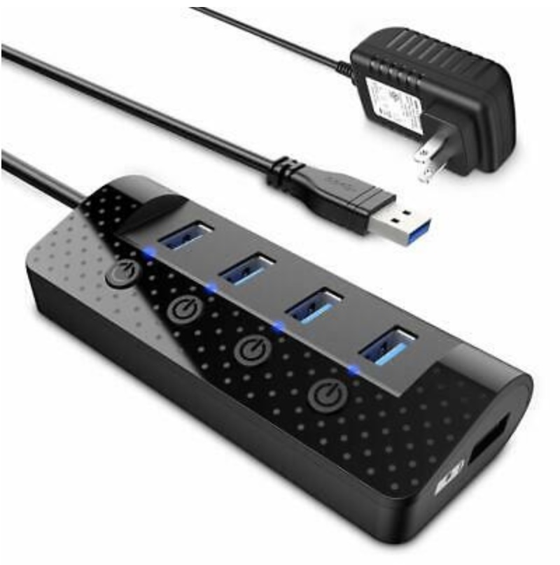 Powered USB hub with Individual Power Switches and 5V/3A Power Adapter.