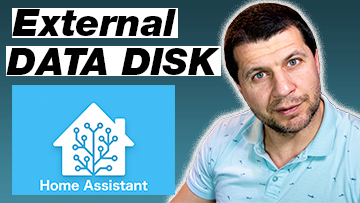 Home Assistant logo with External Data Disk cable and Kiril Peyanski aside