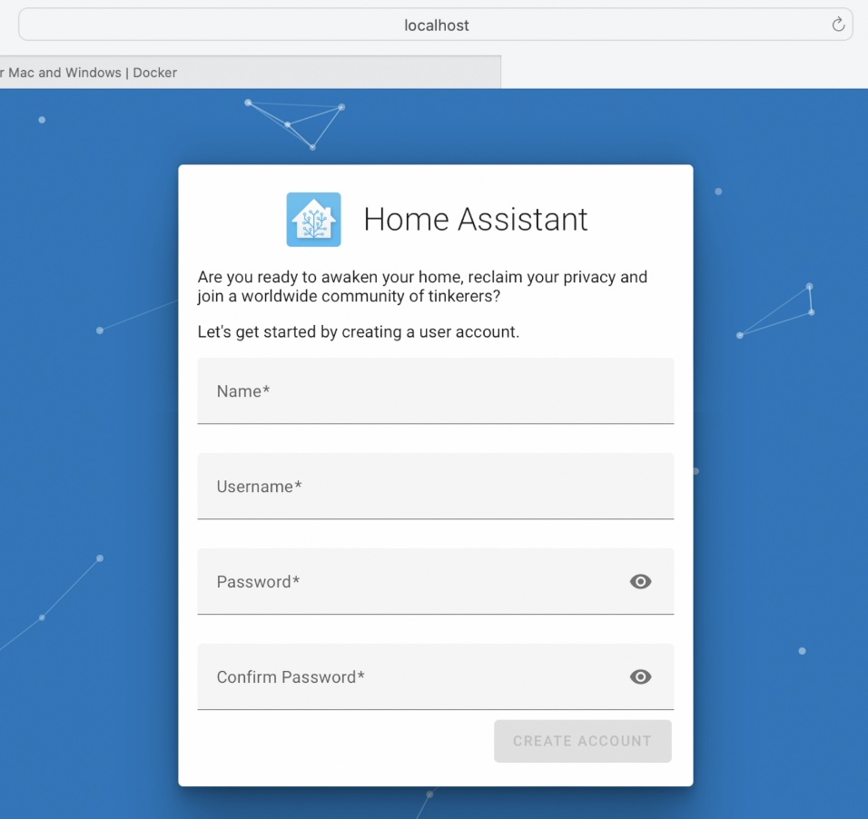 Welcome Screen - Home Assistant and Docker (Home Assistant Container) 