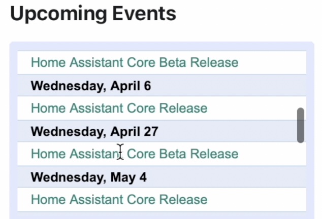 Home Assistant Upcoming Events Calendar
