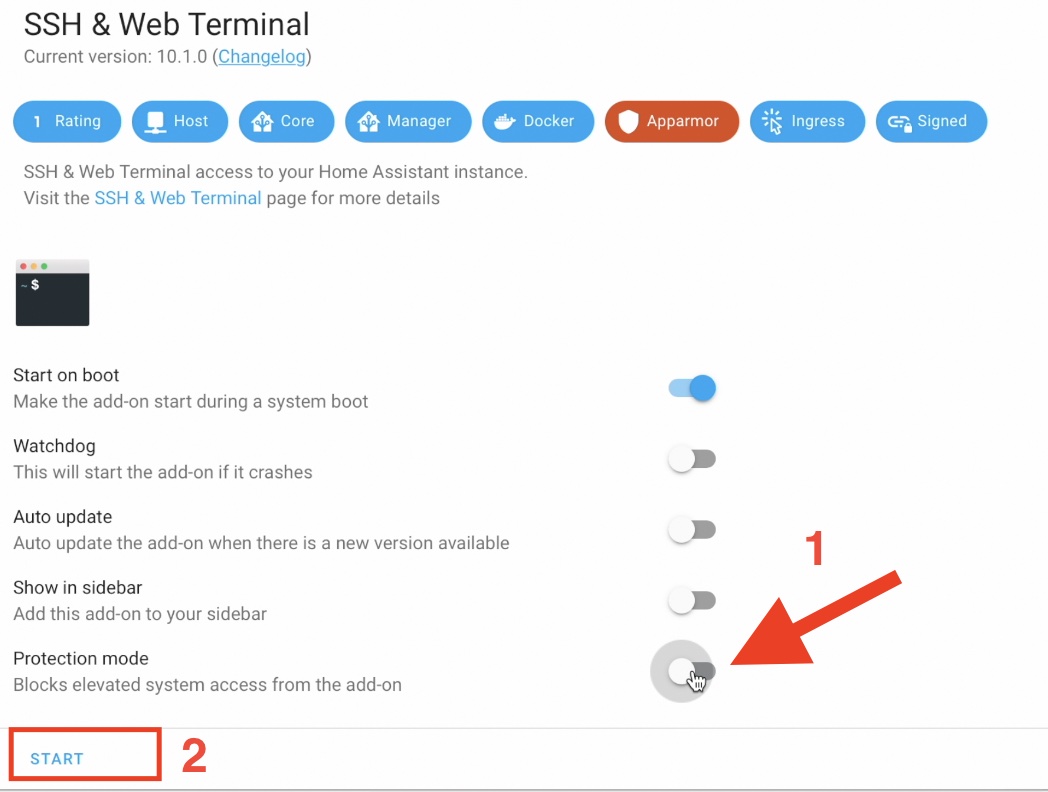 SSH web terminal add-on with disabled protection mode