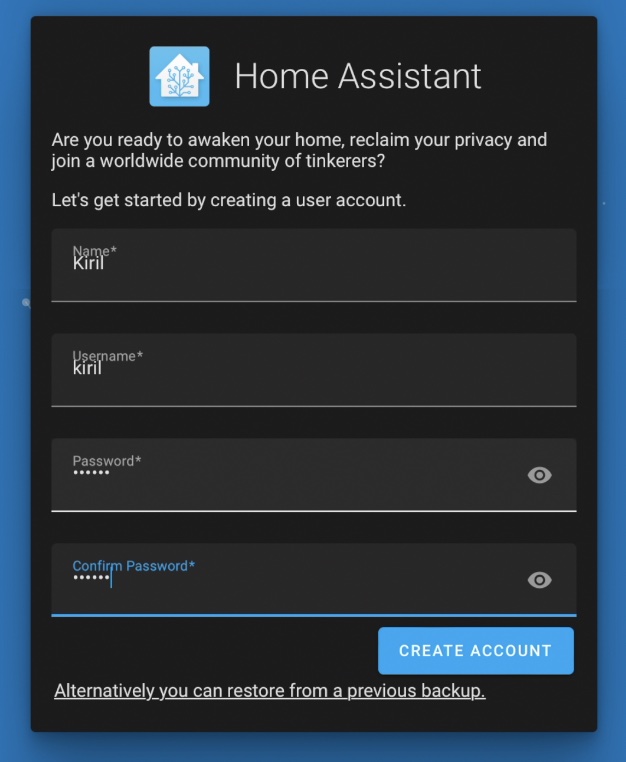 Home Assistant Onboarding User and Pass screen